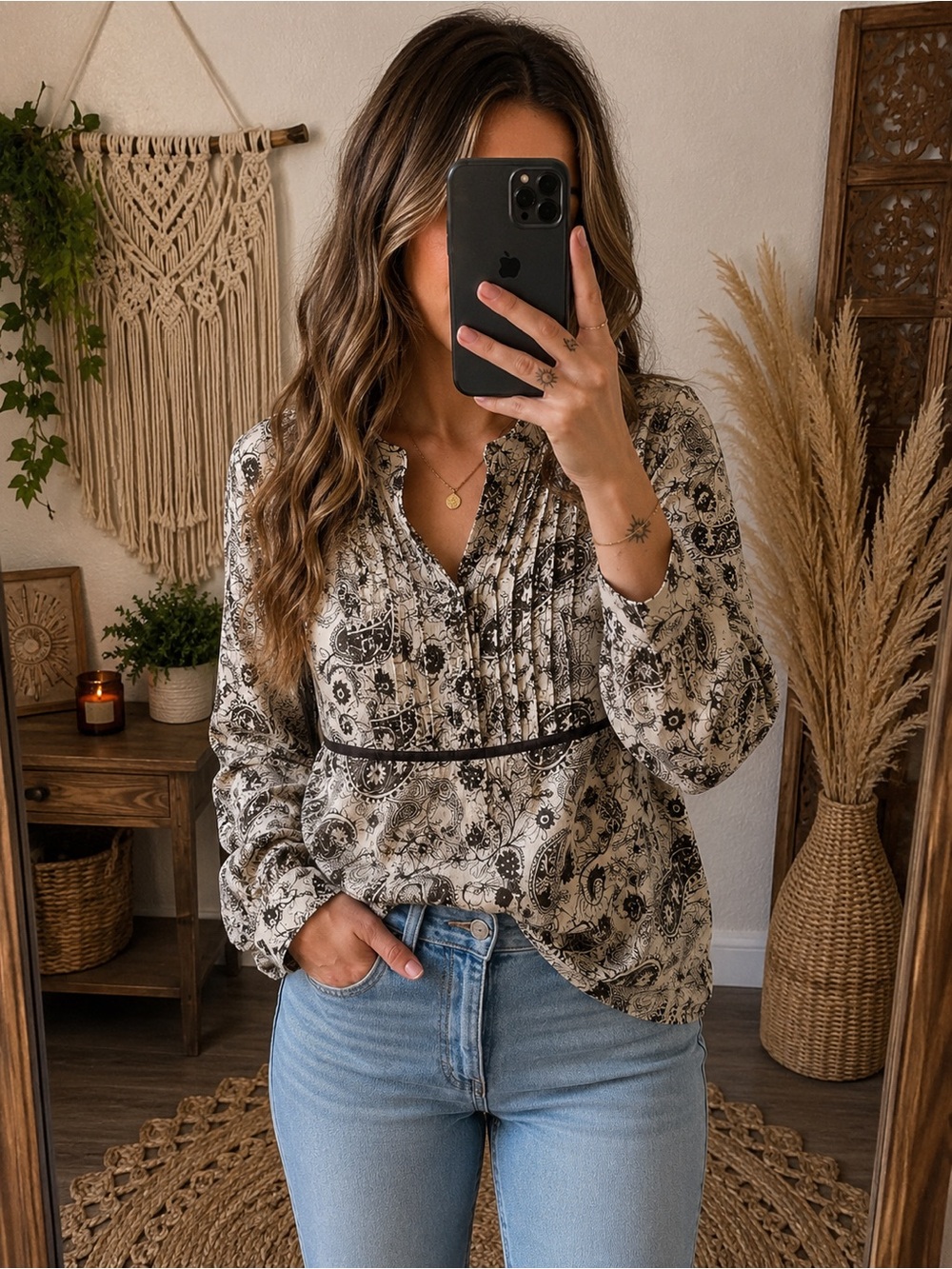 Boho Paisley Pleated V-Neck Women’s Top in Cream & Black